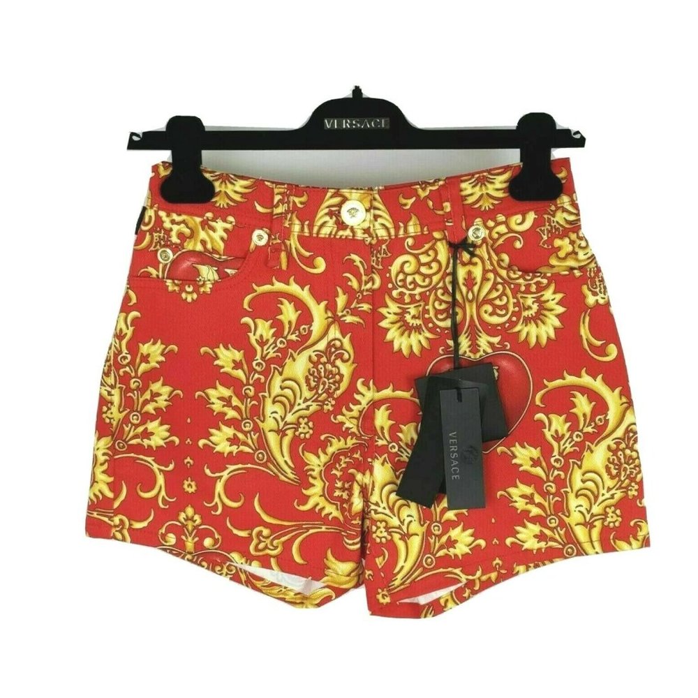 VERSACE Red Gold Denim Baroco Medusa Shorts 26/4 - Picture 2 of 13